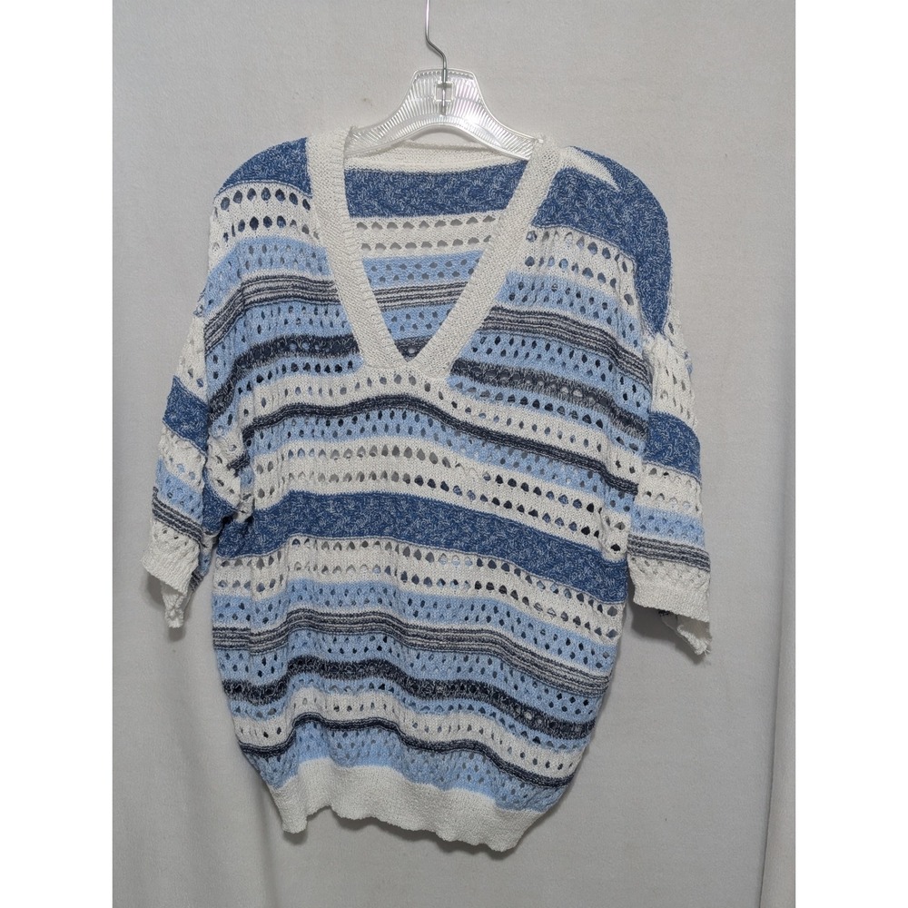 SHEIN Blue White Striped Open Knit V-Neck Sweater Half Sleeve Large